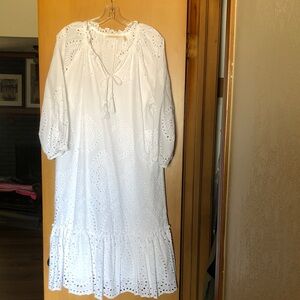 Soft Surroundings White Eyelet Boho Dress with Tassel tie. Size L